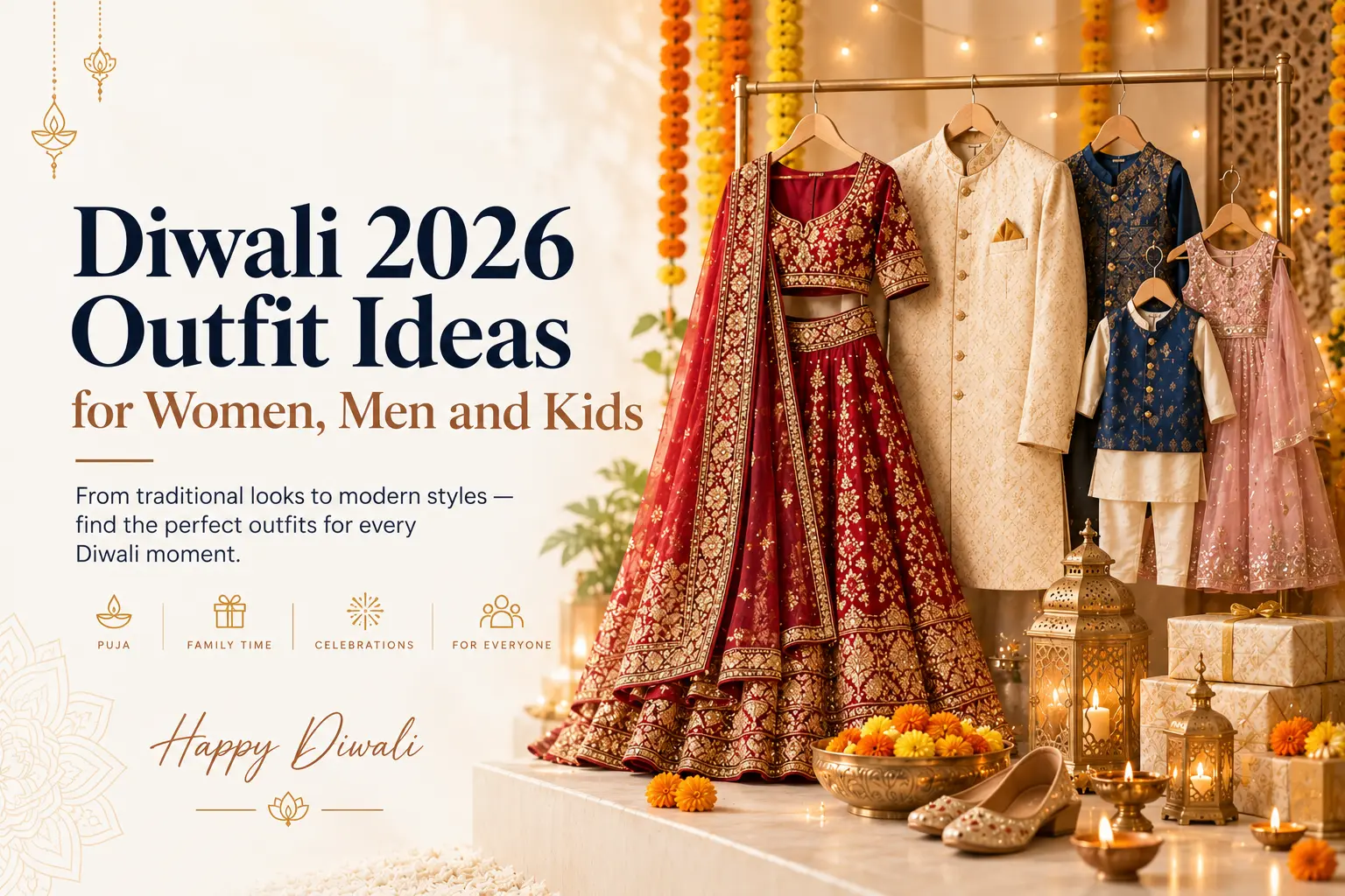 A family in coordinated ethnic wear lighting diyas together on Diwali